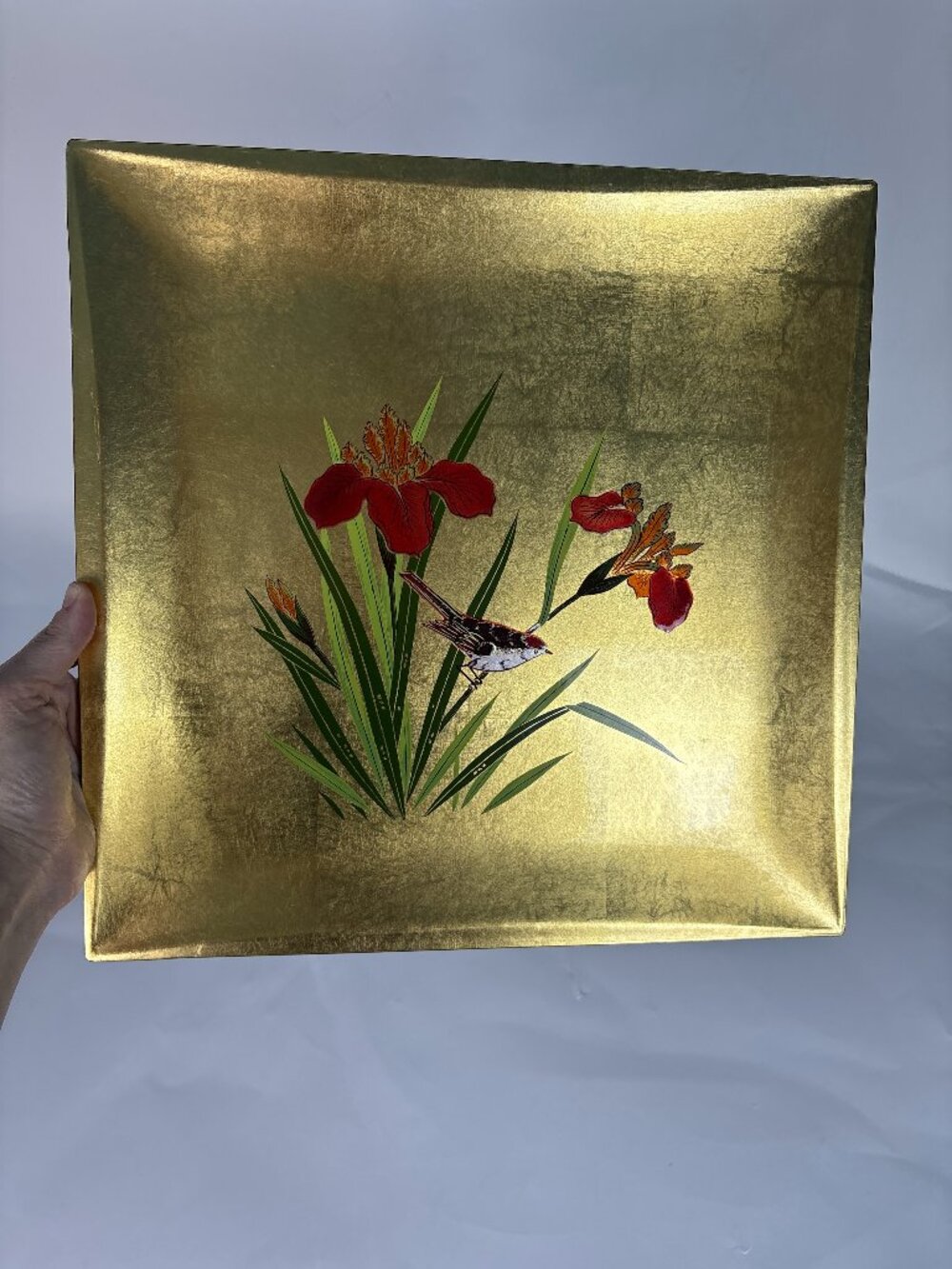 Vintage Toyo Japan Gold Lacquer Serving Tray | Mid Century Japanese Floral Bird